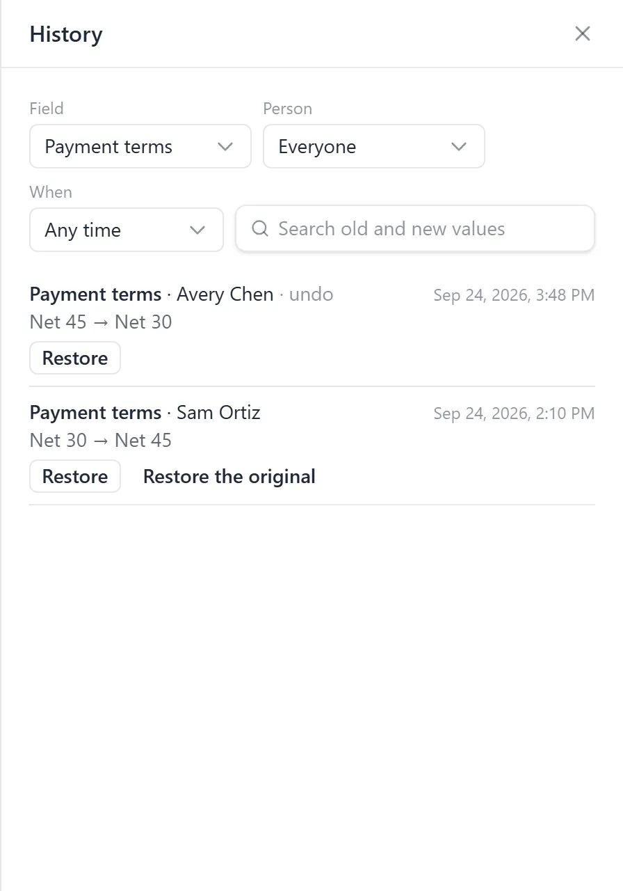 The History panel open on Payment terms: the Field, Person and When filters and Search old and new values, then two changes, an undo by one person and an edit by another, each with Restore