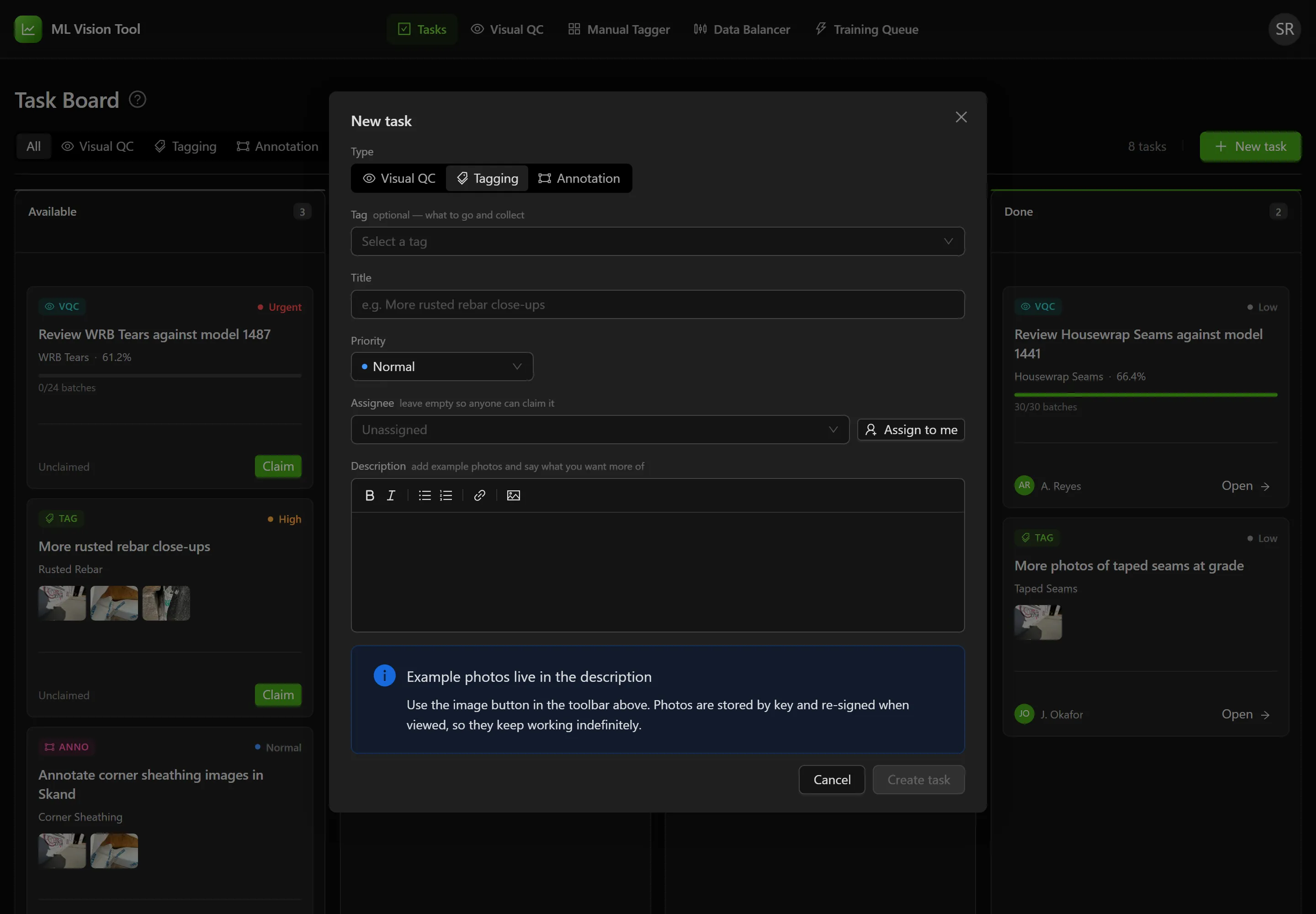 The New task dialog set to a tagging task, with the type, tag, title, priority and assignee fields above a description editor and a note about adding example photos