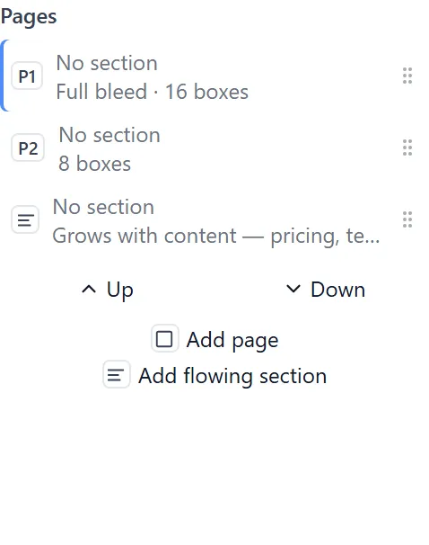The Pages rail listing the document’s pages and flowing sections as labelled rows, with controls to add a page or a flowing section beneath them
