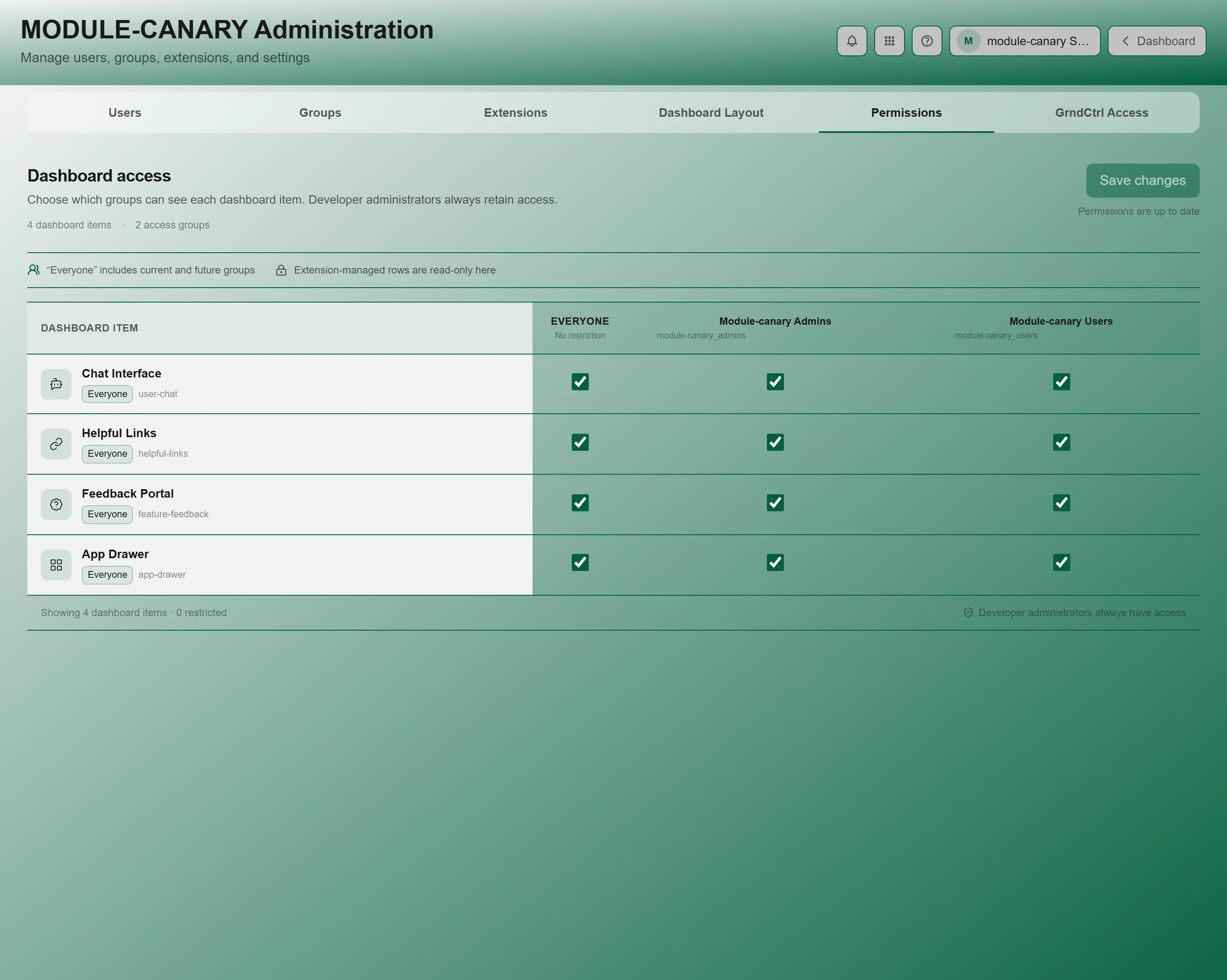 The Permissions tab, showing the app and group permission matrix