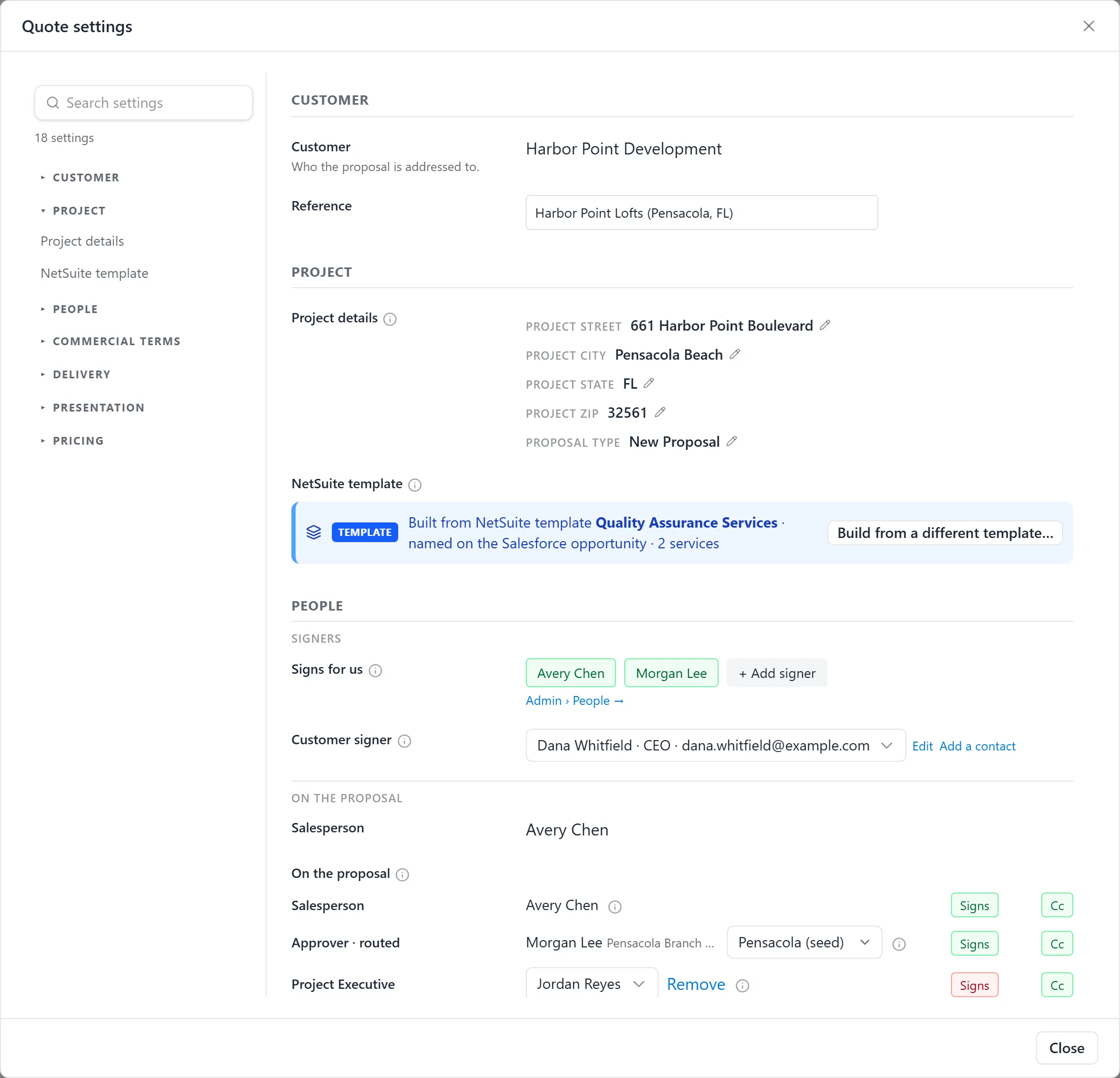 The quote’s settings, captured before the dialog was renamed Document Settings, open at Project: Project details with the project street, city, state, zip and proposal type, and the NetSuite template row saying which template the services were built from, with Build from a different template