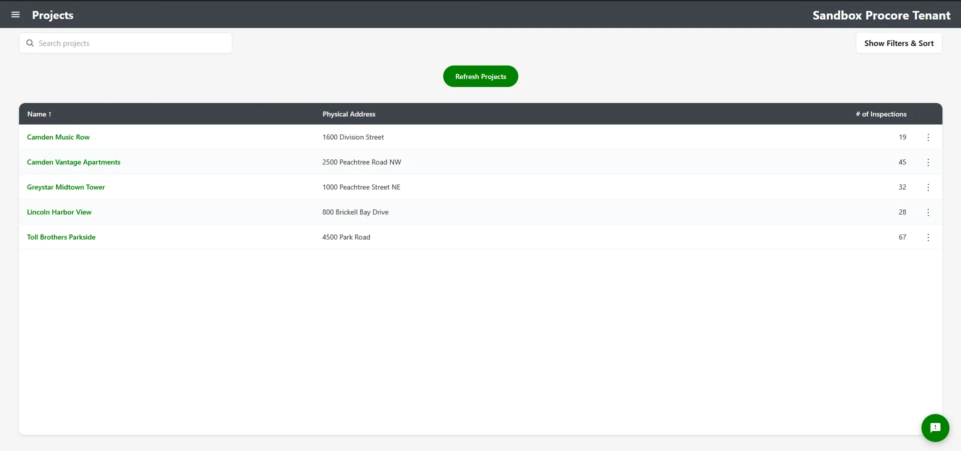 Projects screen with Refresh Projects button