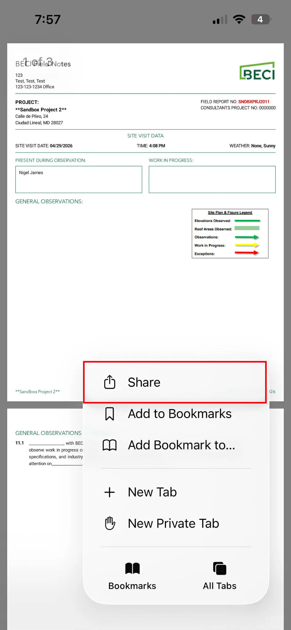 Safari on iOS showing a generated PDF open in the browser with Share option highlighted