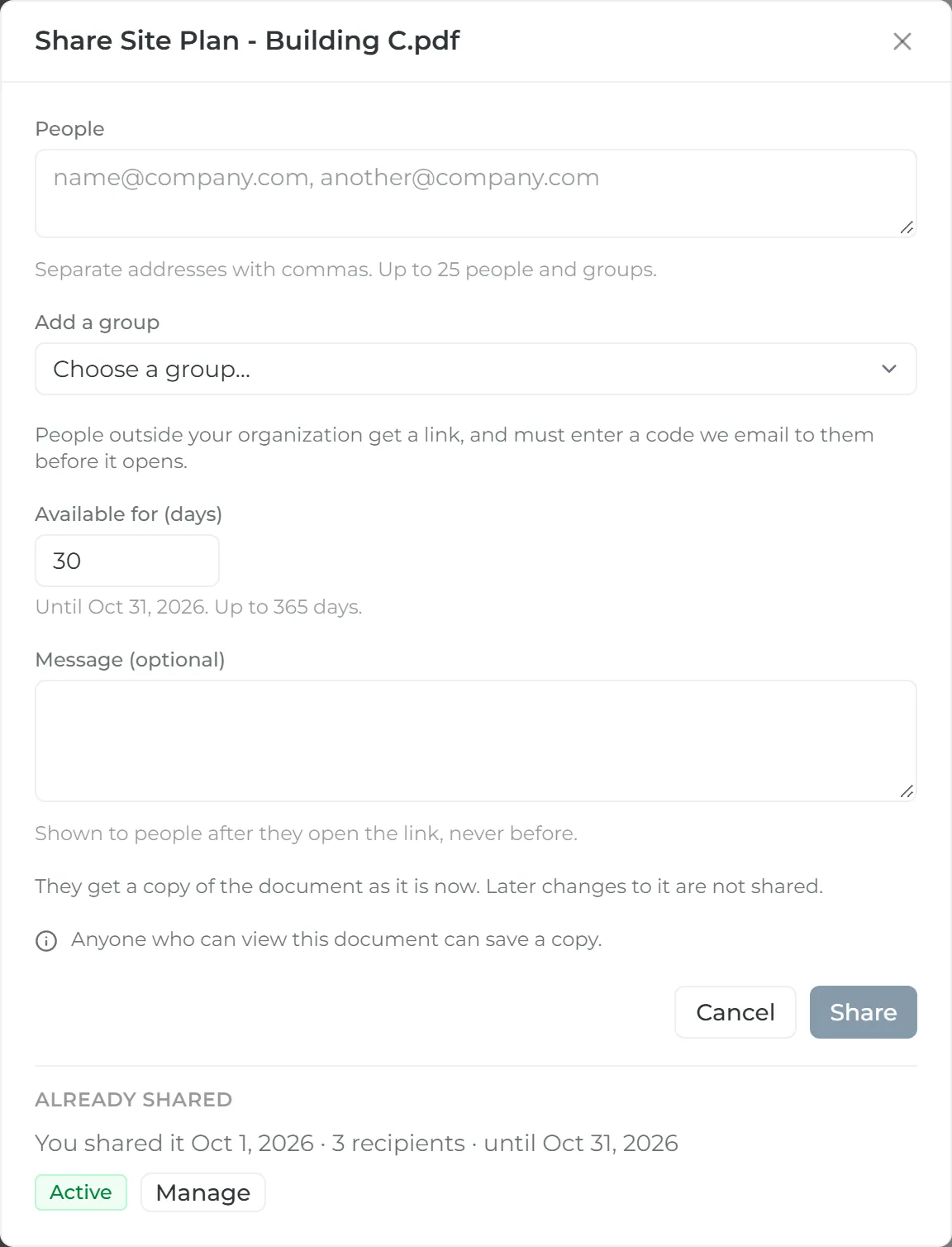 The Share dialog: People, Add a group, Available for (days), Message, the note about outside links, and the line that anyone who can view the document can save a copy