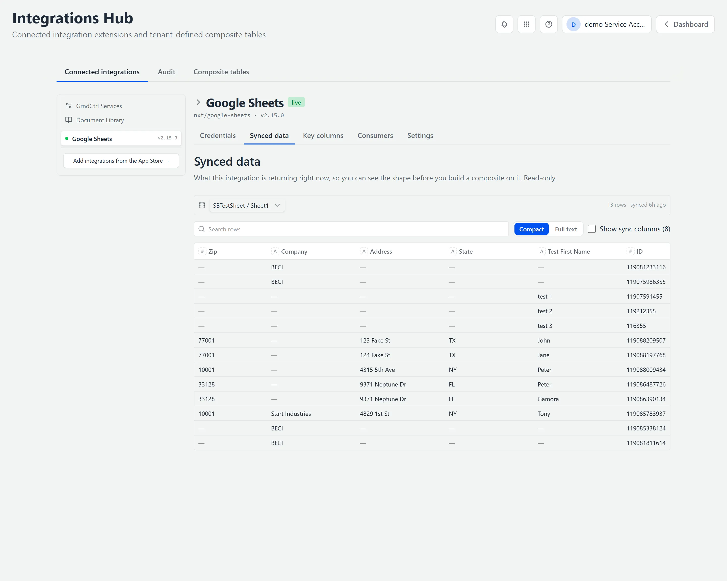The Synced data tab showing a read-only preview of the synced rows