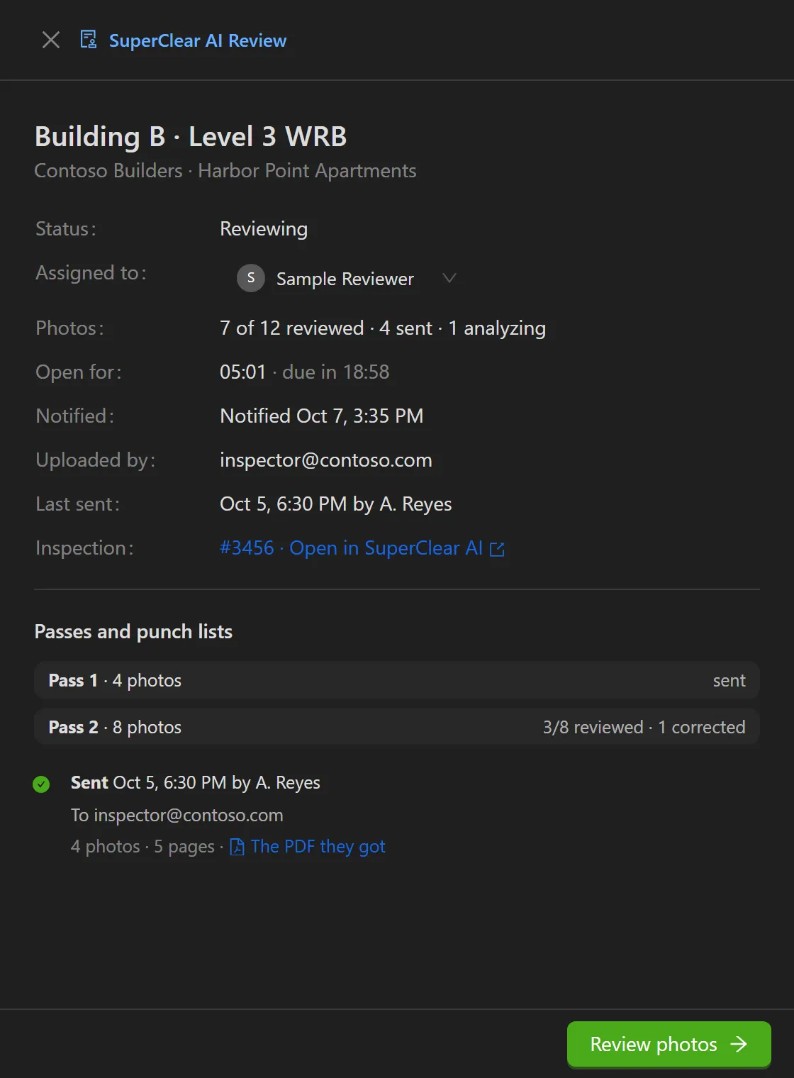 An inspection’s details panel, showing its status, assignee, photo counts, open-for clock and the passes and punch lists sent so far