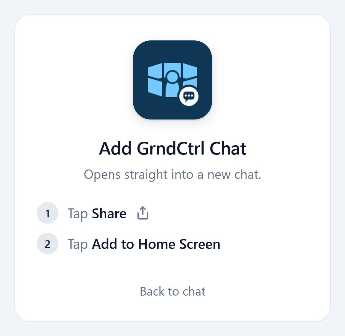 The Add GrndCtrl Chat page on an iPhone with two steps: Tap Share, then Tap Add to Home Screen