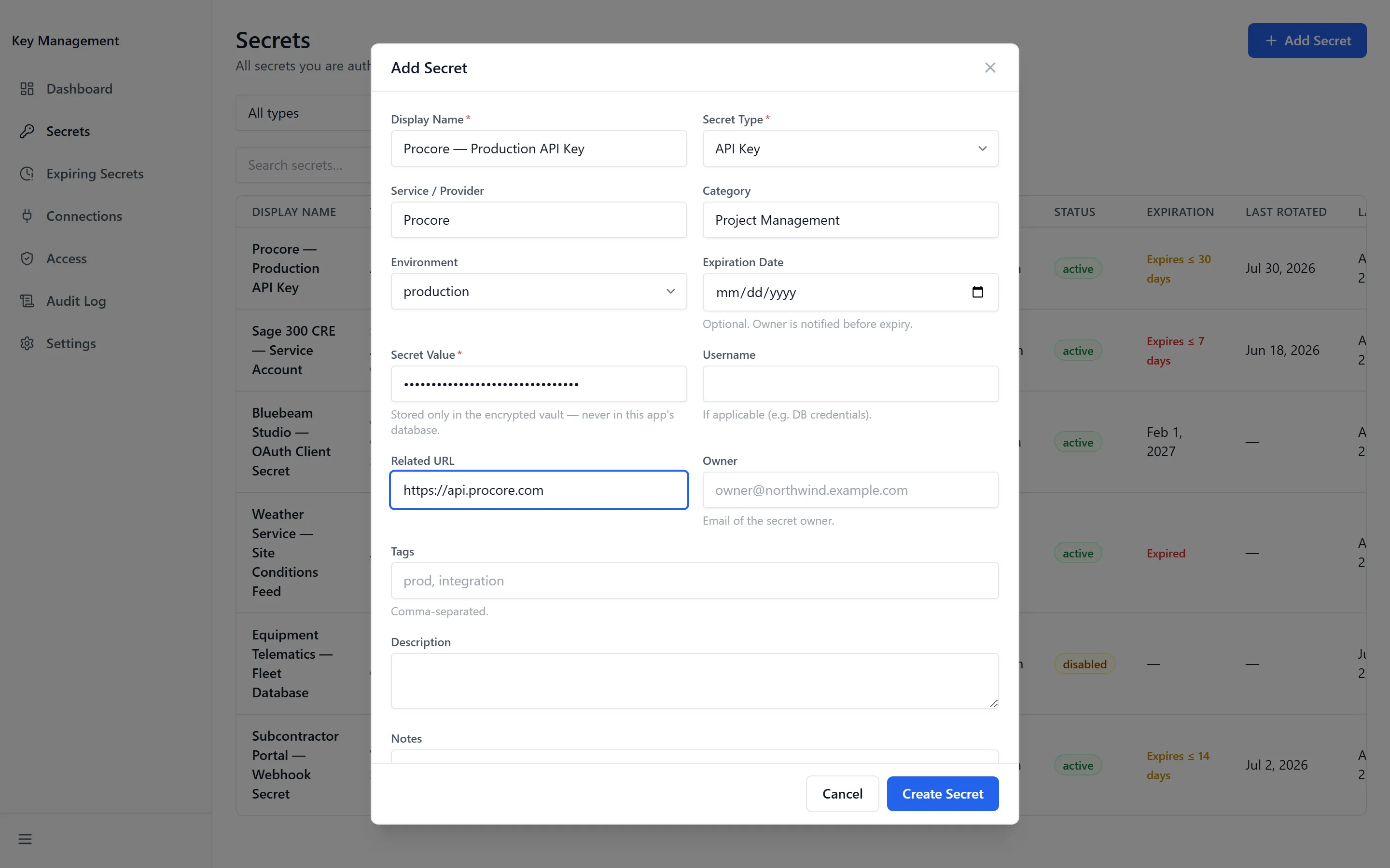 The Add Secret form, with Display Name, Secret Type, provider and category filled in and the secret value masked
