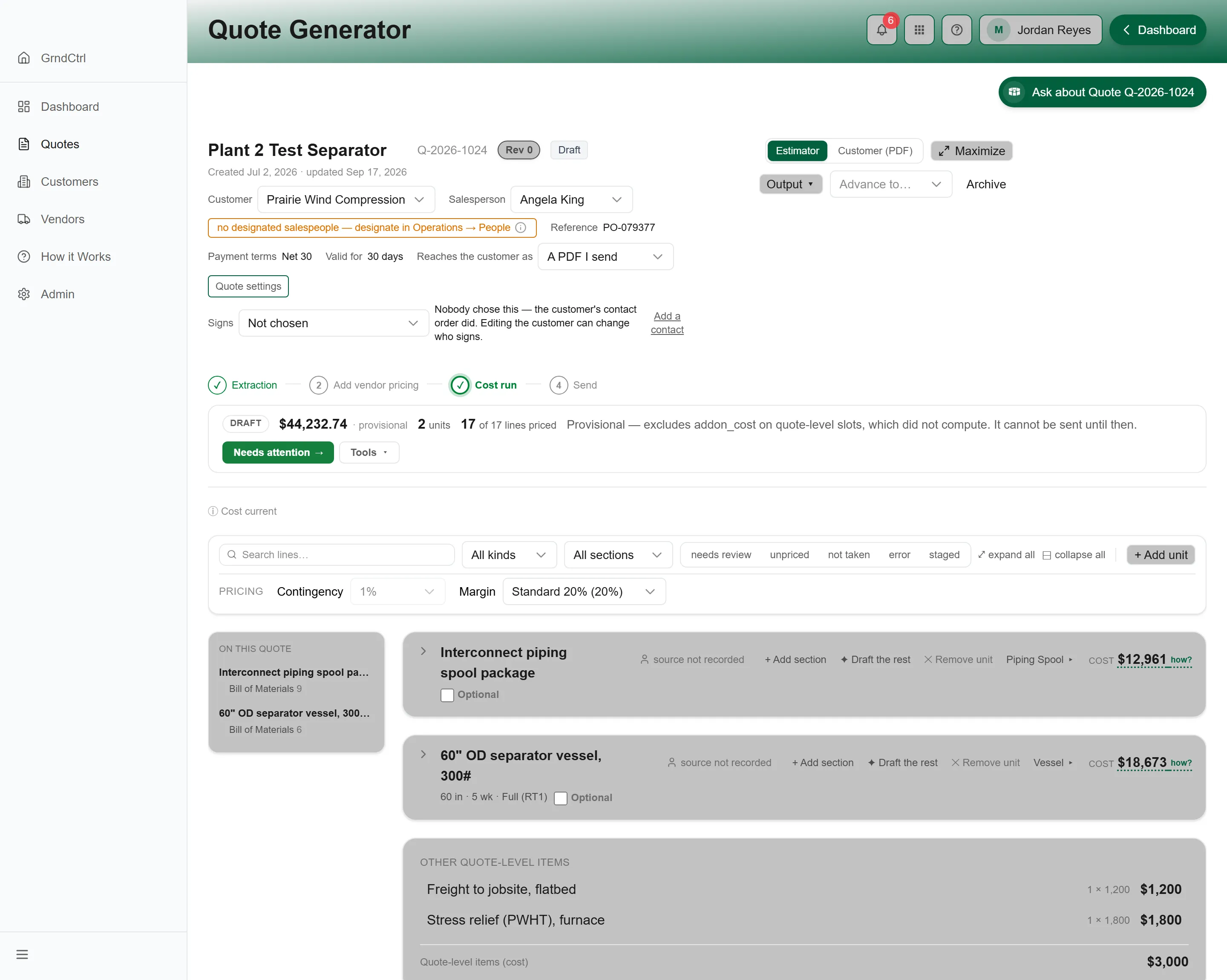 A priced quote on the canvas: the status area with the total, lines priced, the Needs attention and Tools buttons, the pricing row and the filter chips above the units