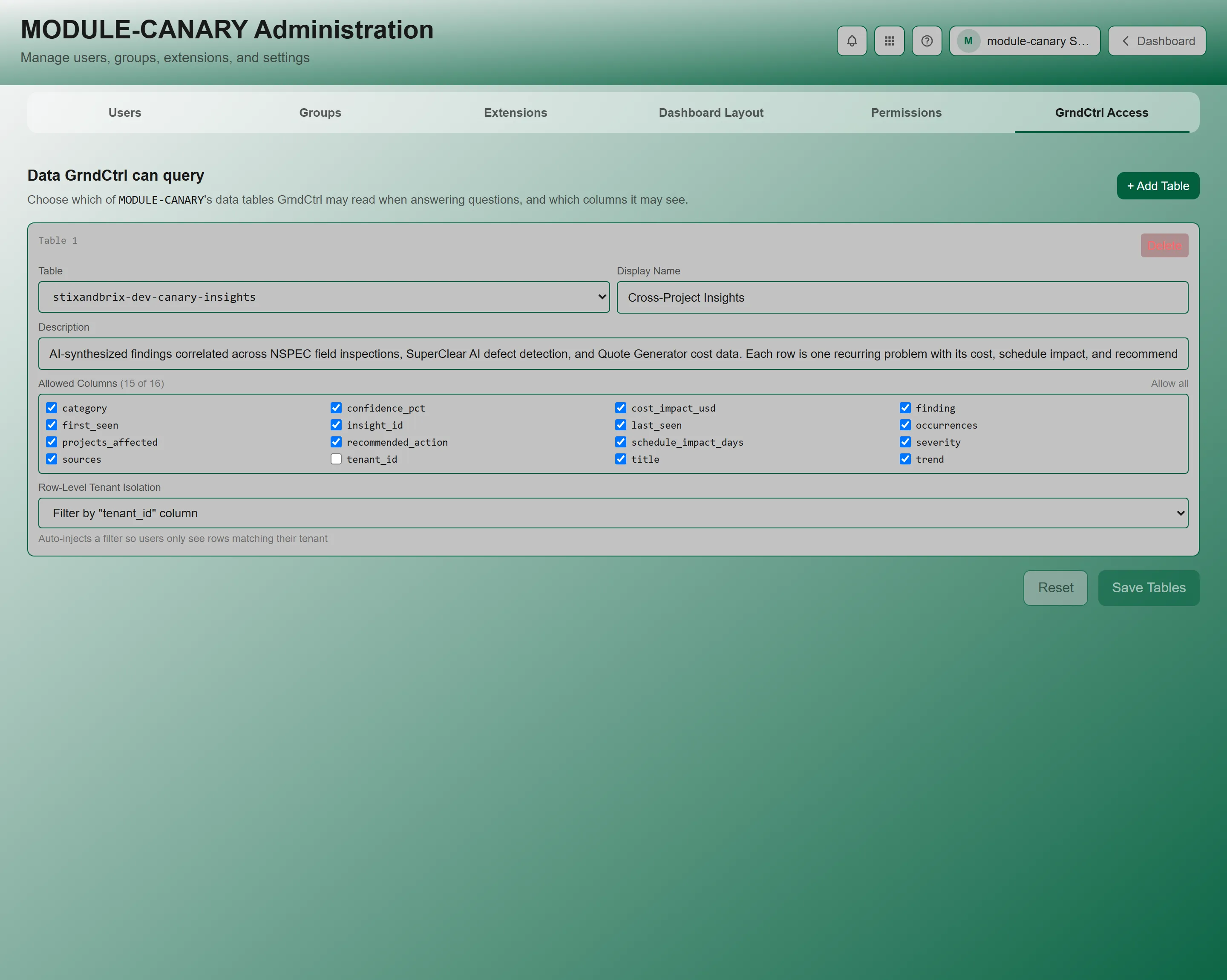 The GrndCtrl Access tab, showing a configured table with its allowed columns and tenant isolation setting