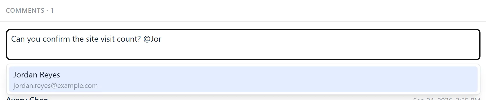 A note being typed in Comments, ending in @Jor, with one teammate offered in the list below the box