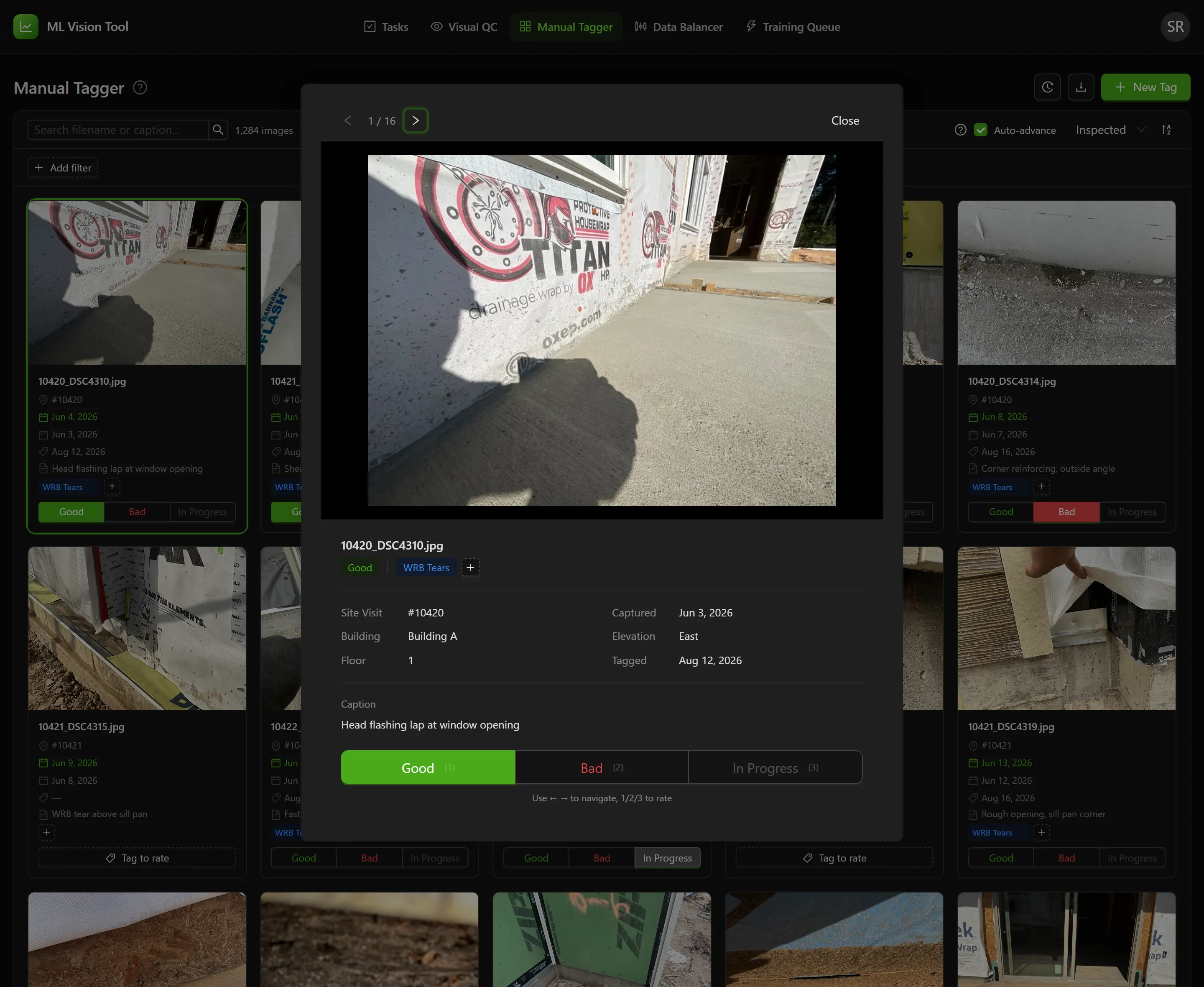 The full-size photo dialog, with the photo beside a detail panel listing site visit, captured date, building, elevation, floor and tagged date, the caption below it, and the three rating buttons