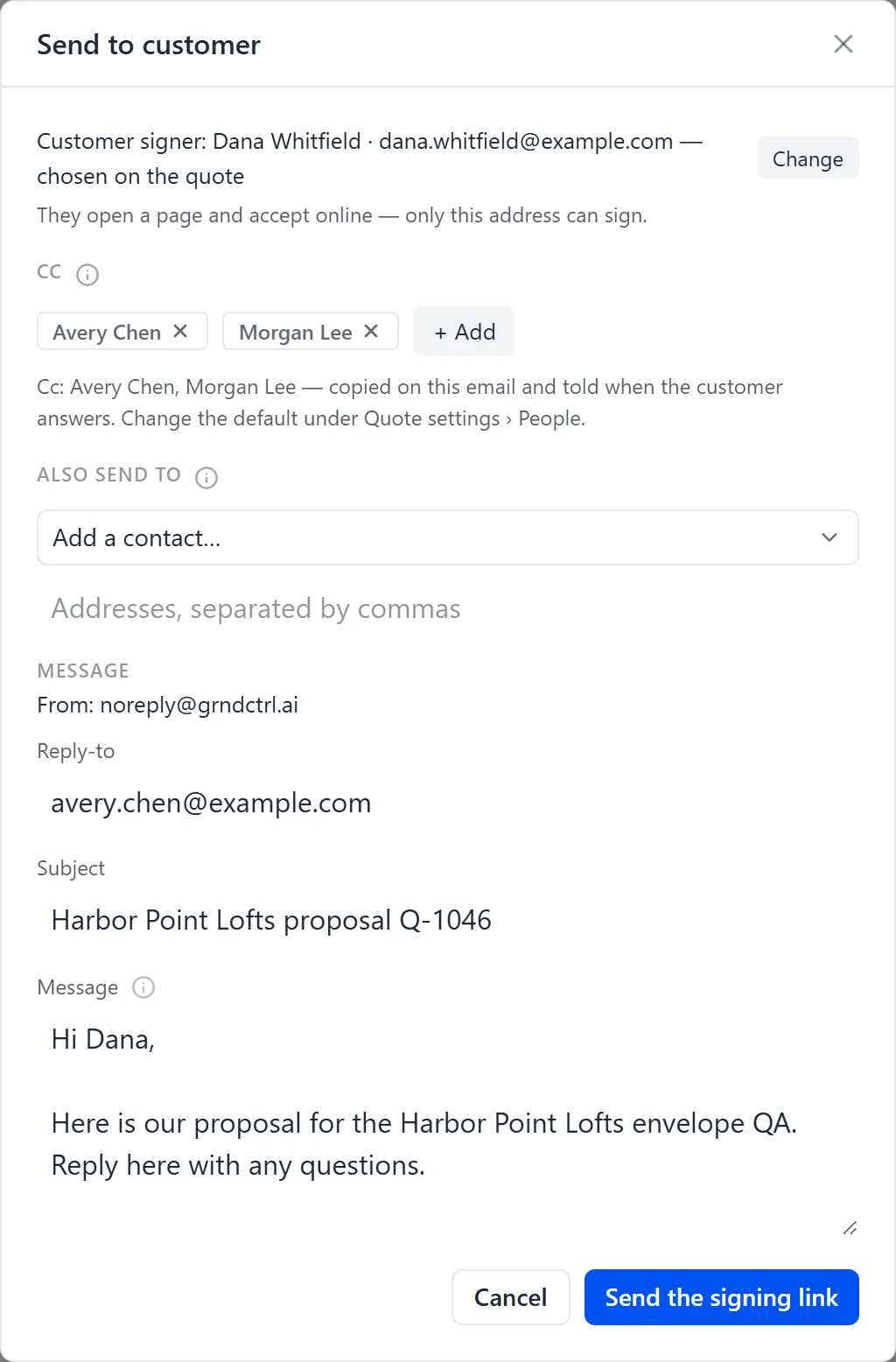 The Send to customer dialog for a signing link, with the customer signer, Cc, Also send to and the message