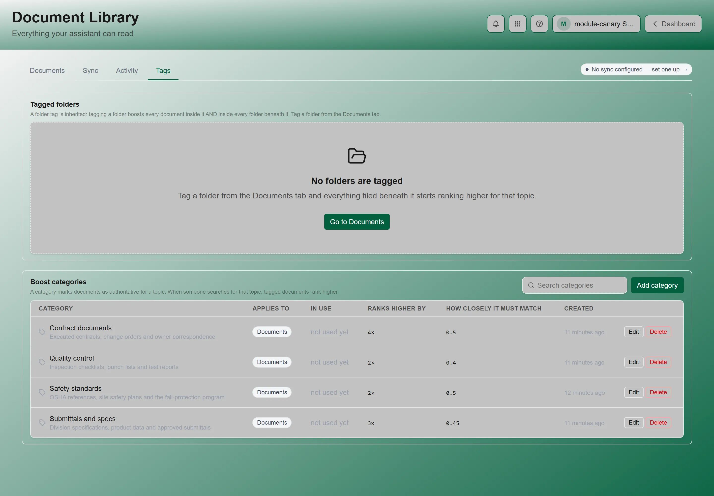 The Document Library Tags tab, showing tagged folders above the boost categories list