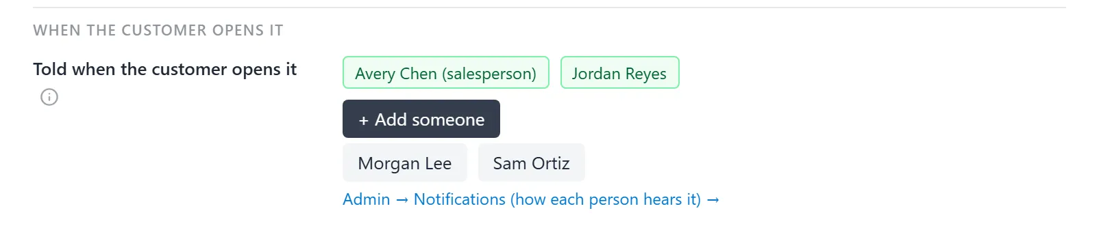 Told when the customer opens it in Document Settings: the salesperson and one added person switched on, + Add someone open with two more people to choose, and the link to Admin Notifications