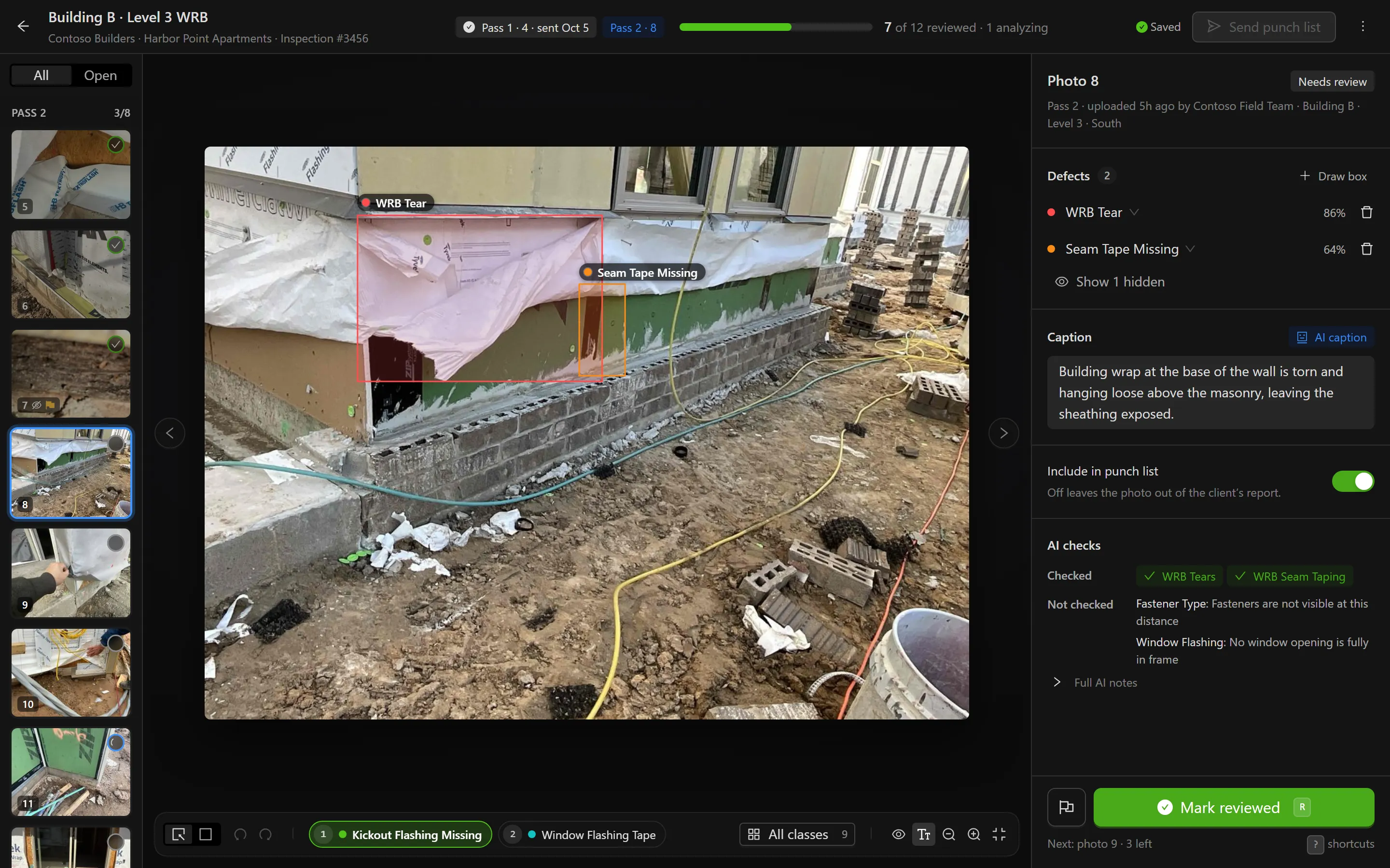 The review workspace, with the photo filmstrip on the left, a photo with AI defect boxes in the middle and the review panel on the right