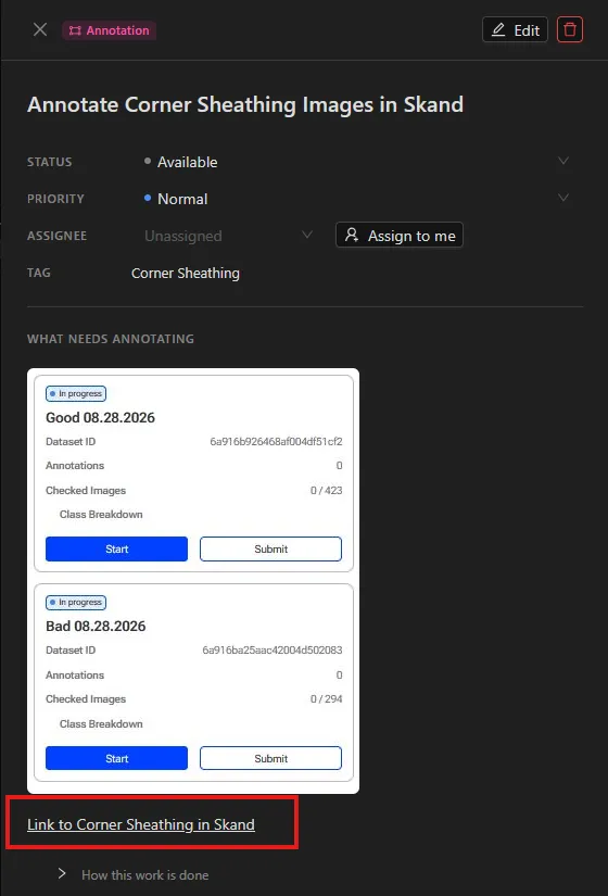 An annotation task open on the board, showing its status, priority and tag, pictures of the two dataset cards to be annotated, and a link through to the project in Skand