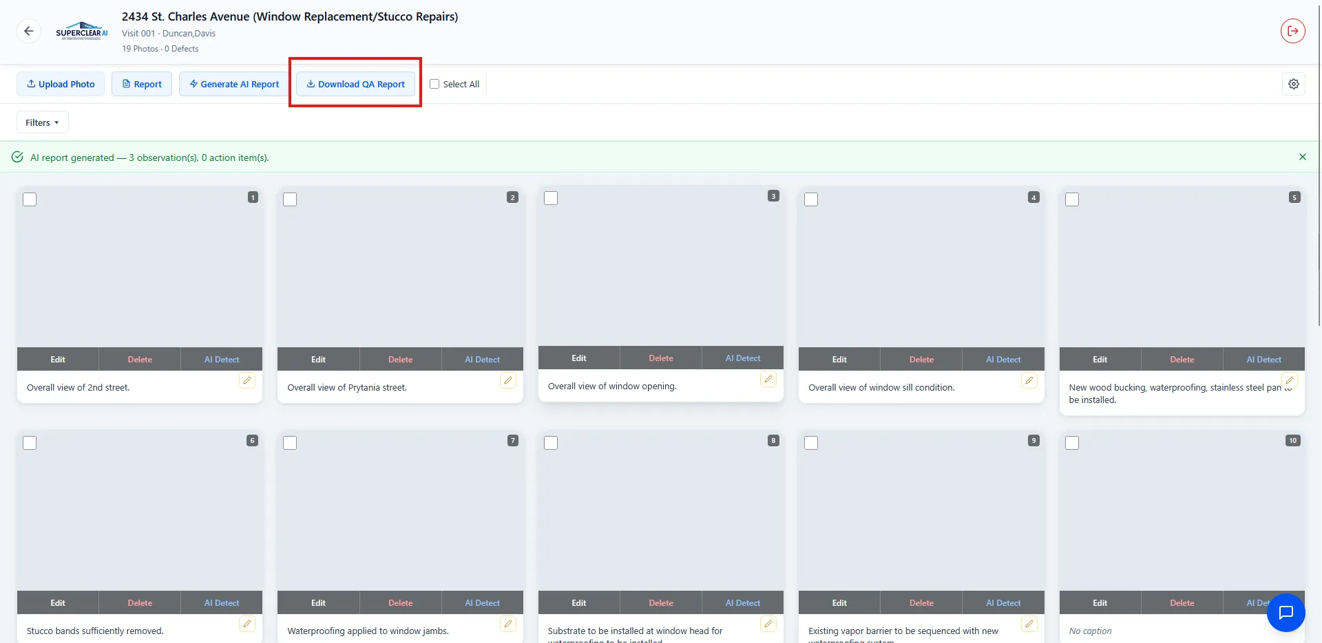 SuperClear AI toolbar with the Download QA Report button highlighted after a completed run
