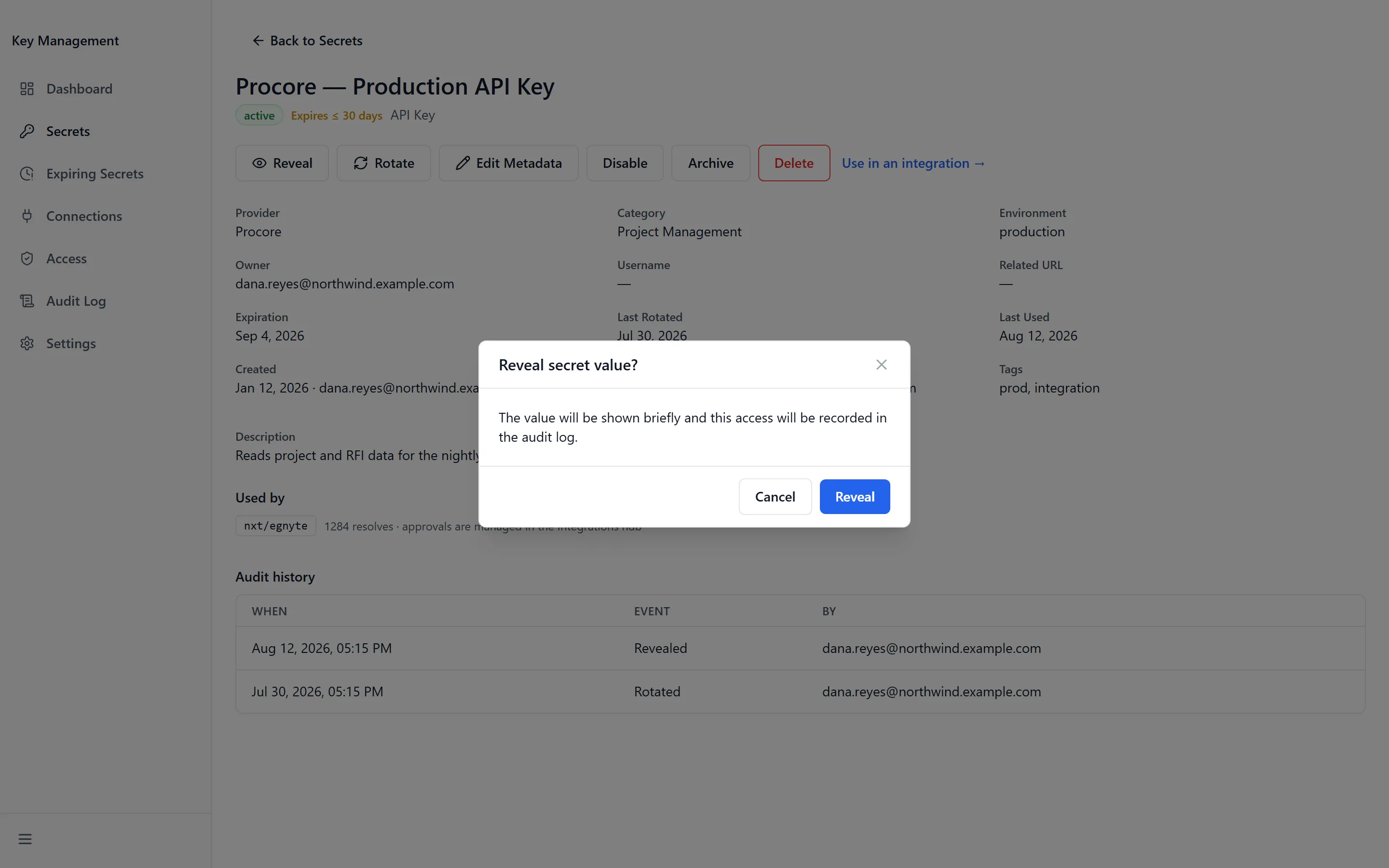 The confirmation asking whether to reveal a secret value, warning that the access is recorded in the audit log