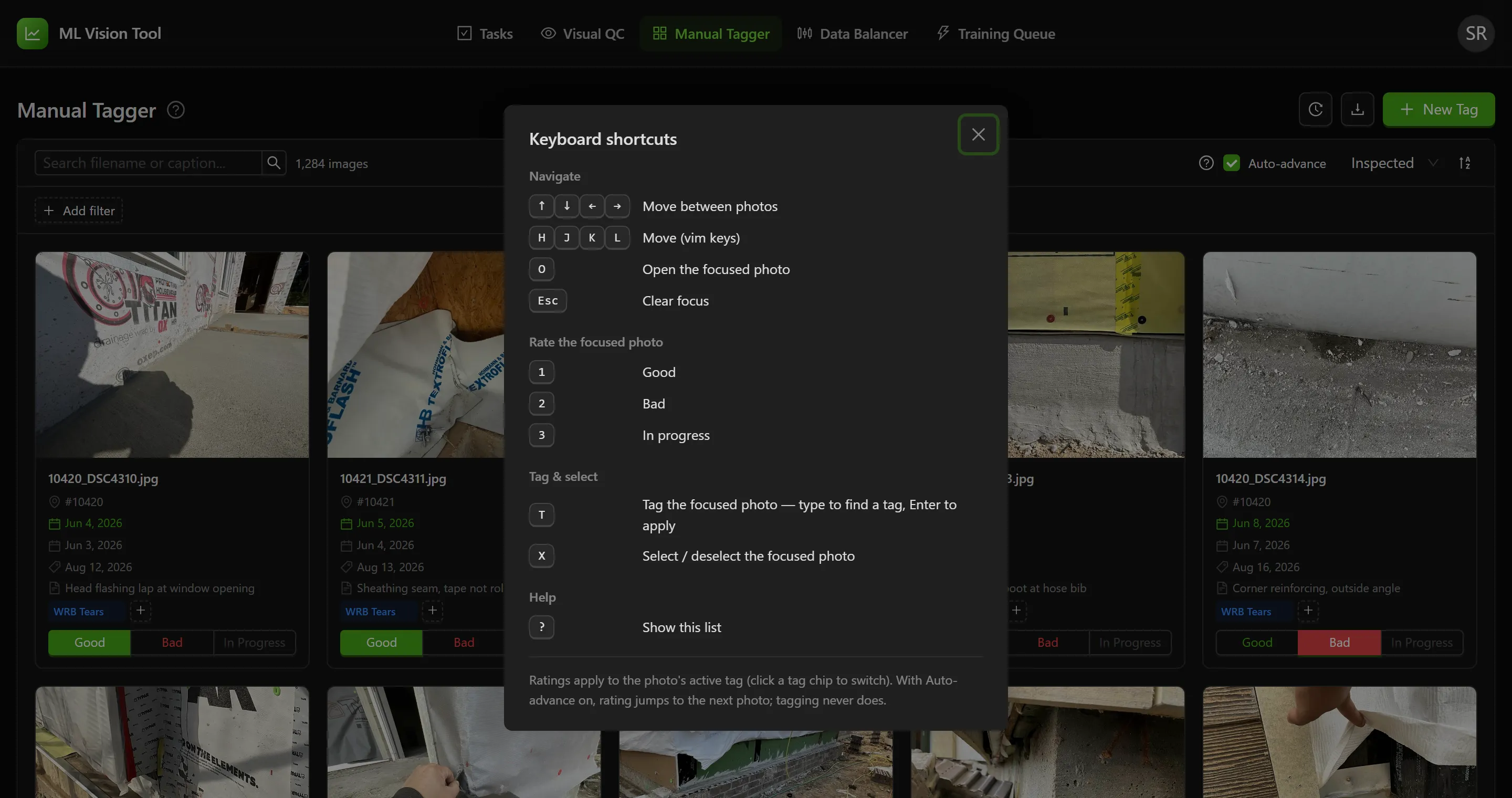 The keyboard shortcuts panel, listing the navigate, rate, tag and select, and help groups with the keys for each