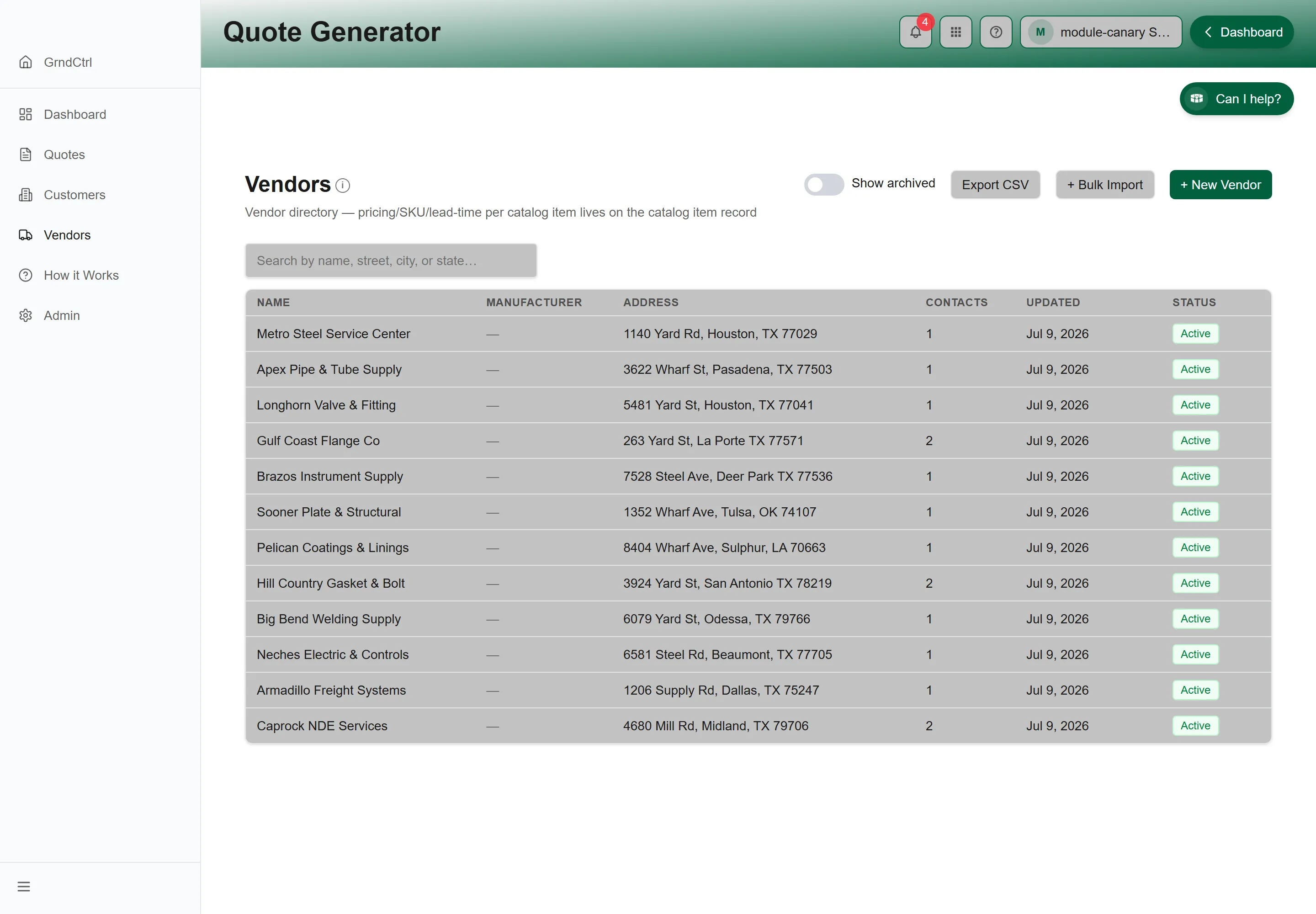 The Quote Generator Vendors directory with New Vendor, Bulk Import and Export CSV