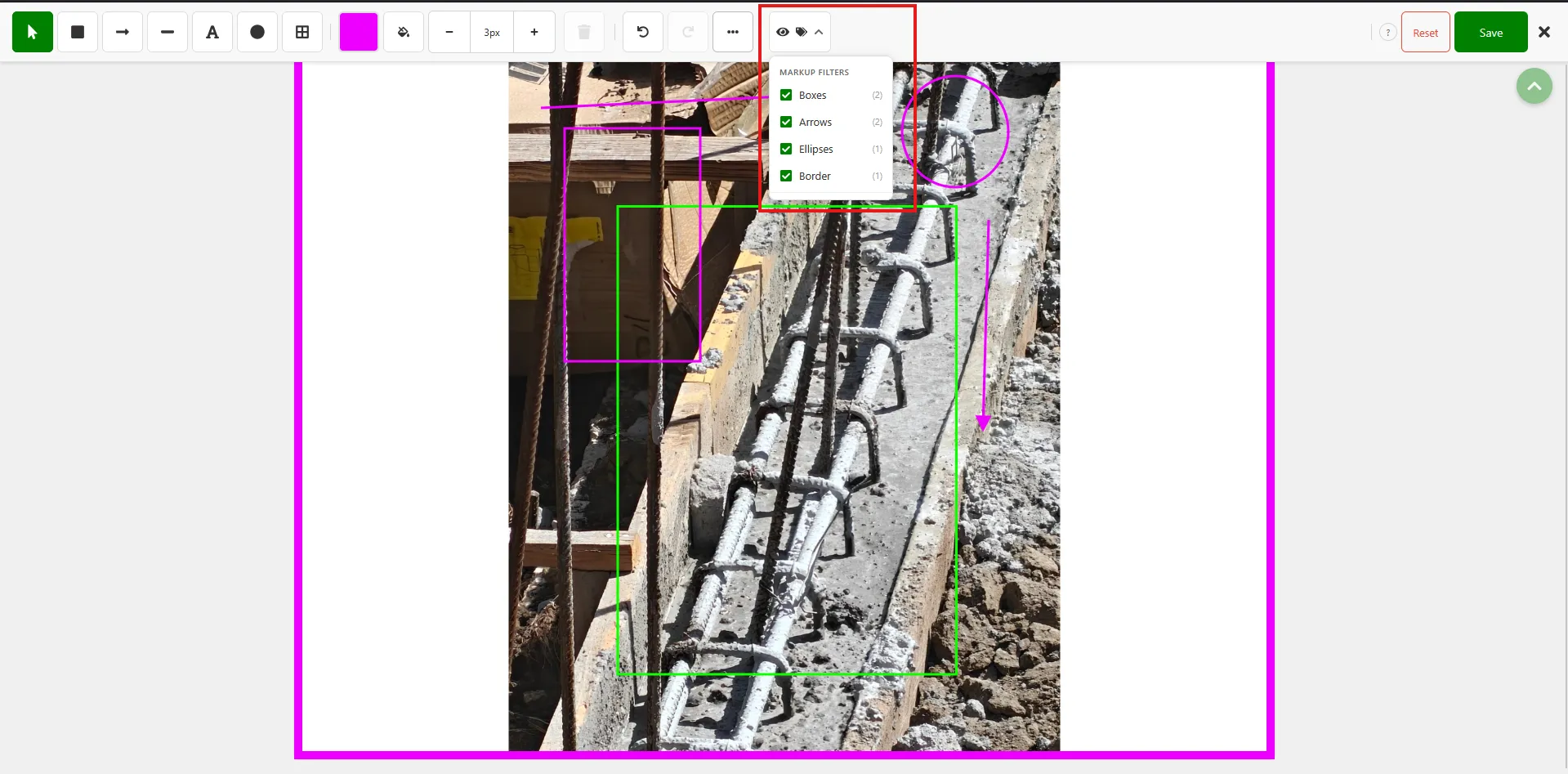 Image Editor with the annotation visibility filter dropdown open in the toolbar, showing checkboxes for Box, Arrows, Ellipse, and Border