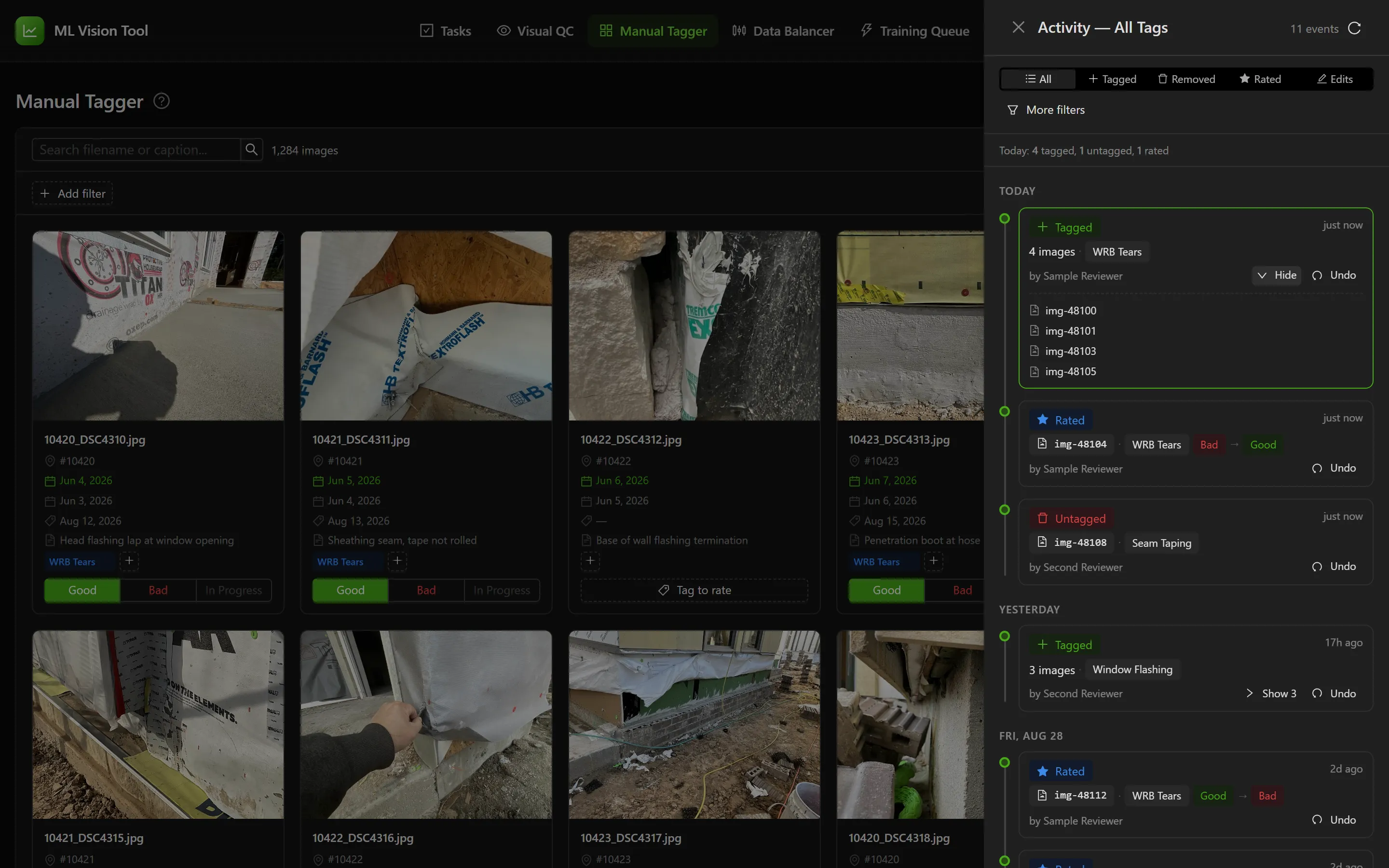 The activity log panel, with its filter controls, a summary line for today, entries grouped by day, and an Undo control on a tagging batch