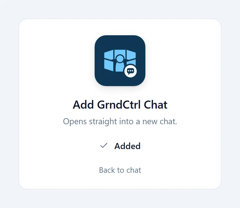 The Add GrndCtrl Chat page once it is installed, with a check mark and Added