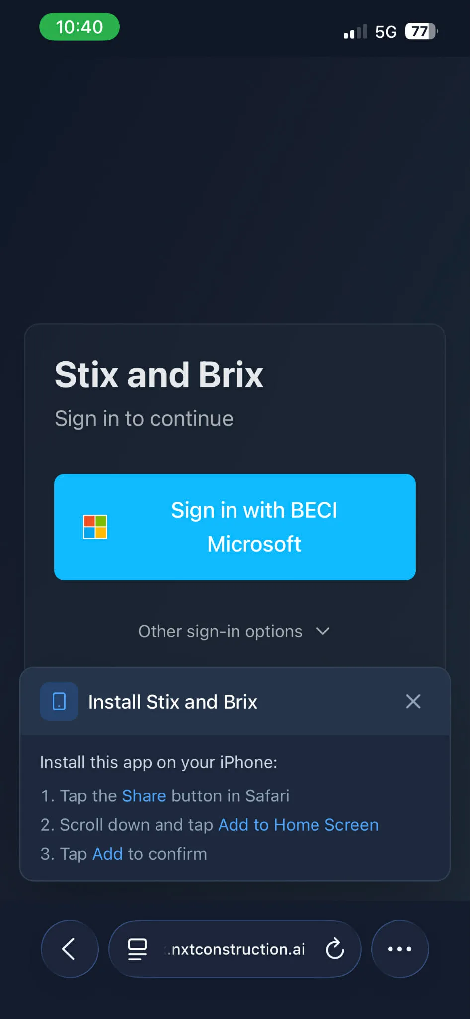 Mobile device showing the “Add to Home Screen” prompt for GrndCtrl PWA