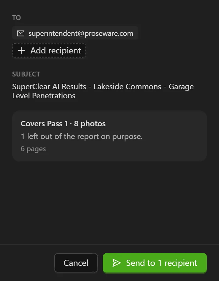 The Send punch list panel, listing the recipient, the subject line, what the punch list covers, and the Send to 1 recipient button
