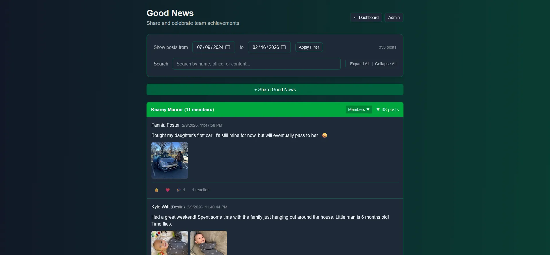 Good News group view showing member list and a sample post with photos