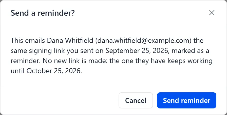 The Send a reminder? confirmation: it emails the customer the same signing link sent on September 25, which keeps working until October 25, with Cancel and Send reminder