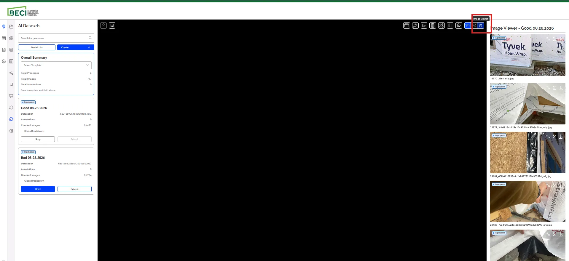 A started dataset showing Stop in place of Start, with the Image viewer control highlighted in the toolbar and the image list open beside it