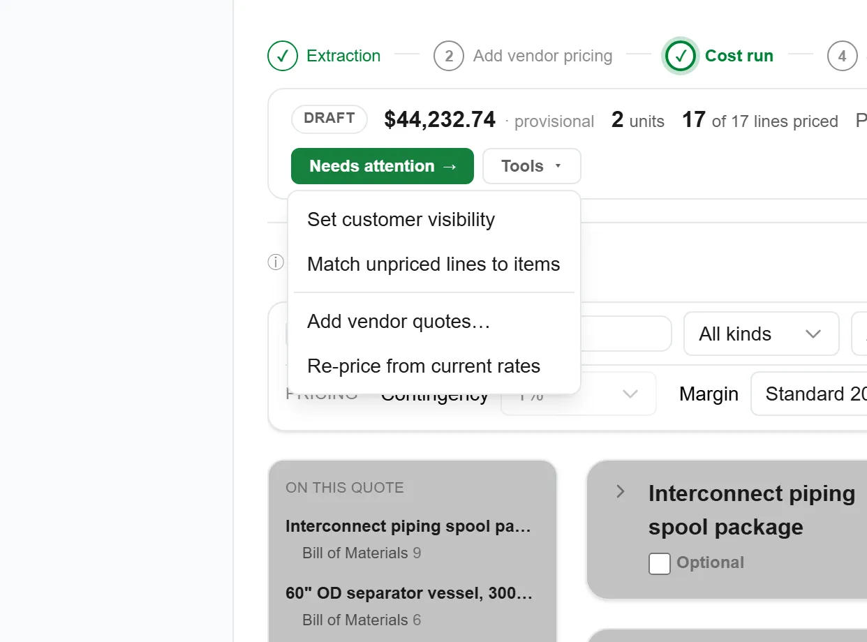 The Tools menu open on a quote’s status area: Set customer visibility, Match unpriced lines to items, Add vendor quotes… and Re-price from current rates