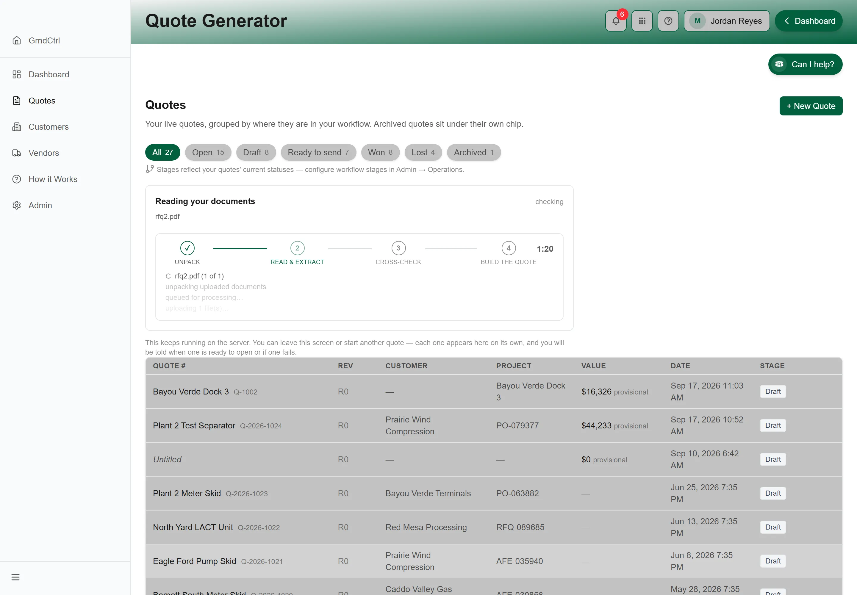 The Quotes list with a Reading your documents card showing the Unpack, Read & extract, Cross-check and Build the quote stages