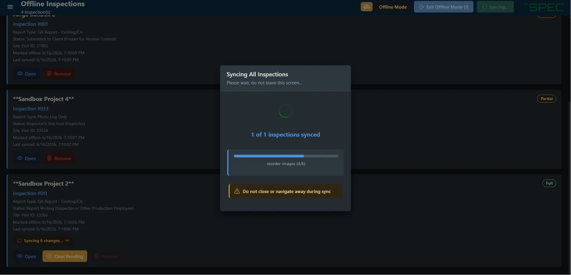 The Syncing All Inspections progress window showing inspections synced, a progress bar, and a do-not-close-or-navigate-away notice