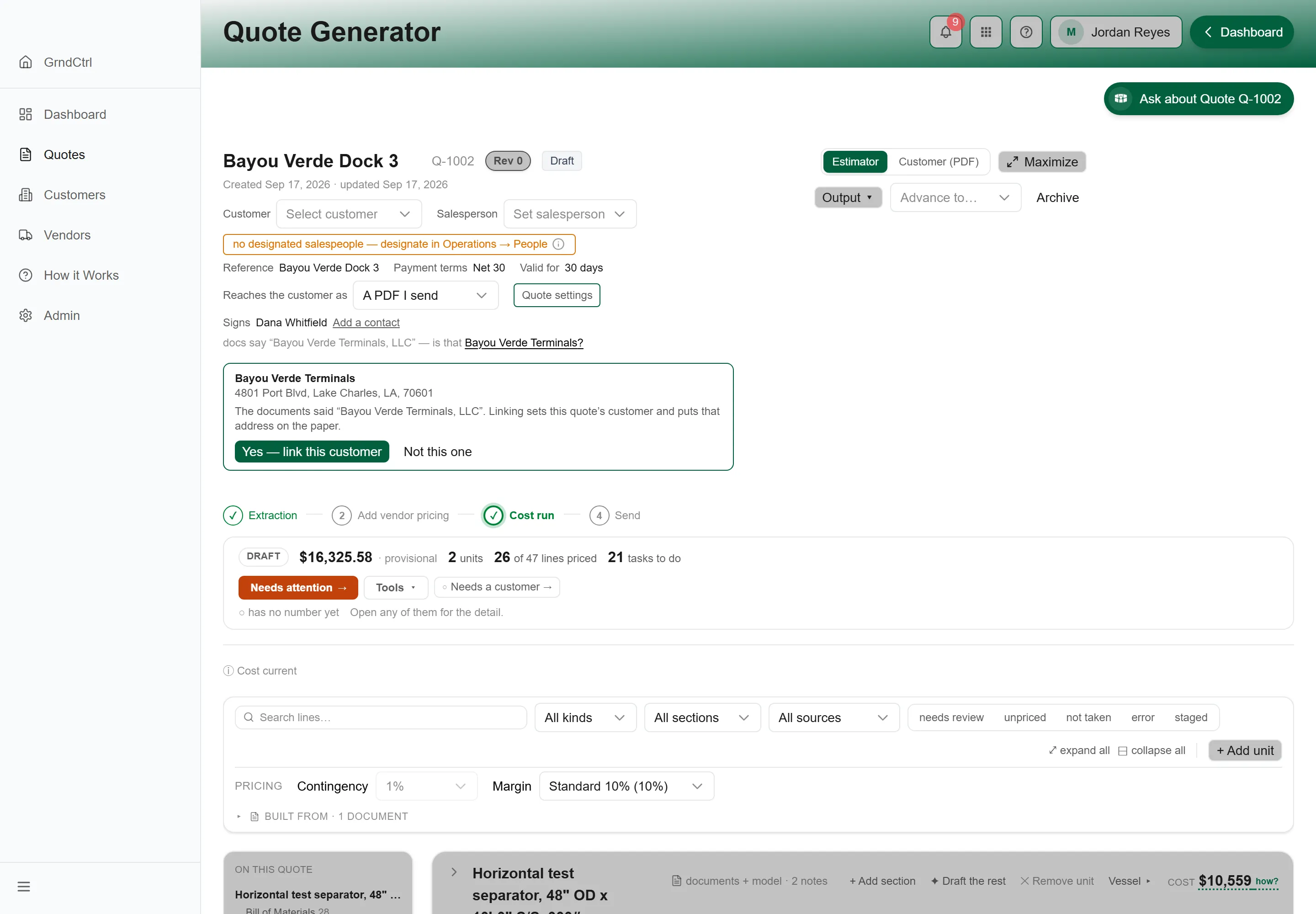 A quote the moment its build finishes: the units from the RFQ, the customer suggested from the paperwork with Yes — link this customer, the status area reading 26 of 47 lines priced and 21 tasks to do, and the orange Needs attention button