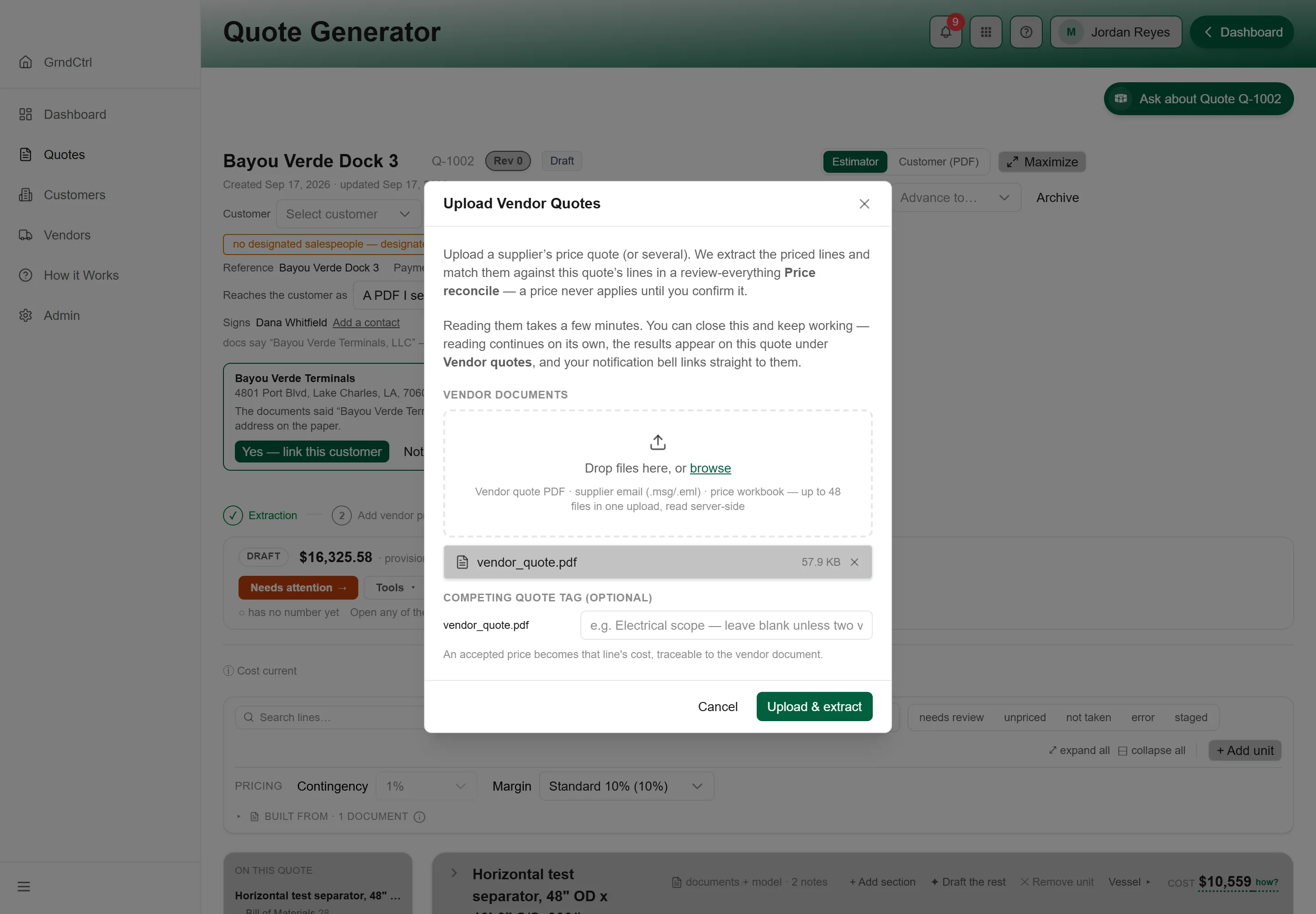 The Upload Vendor Quotes dialog with a supplier’s PDF attached
