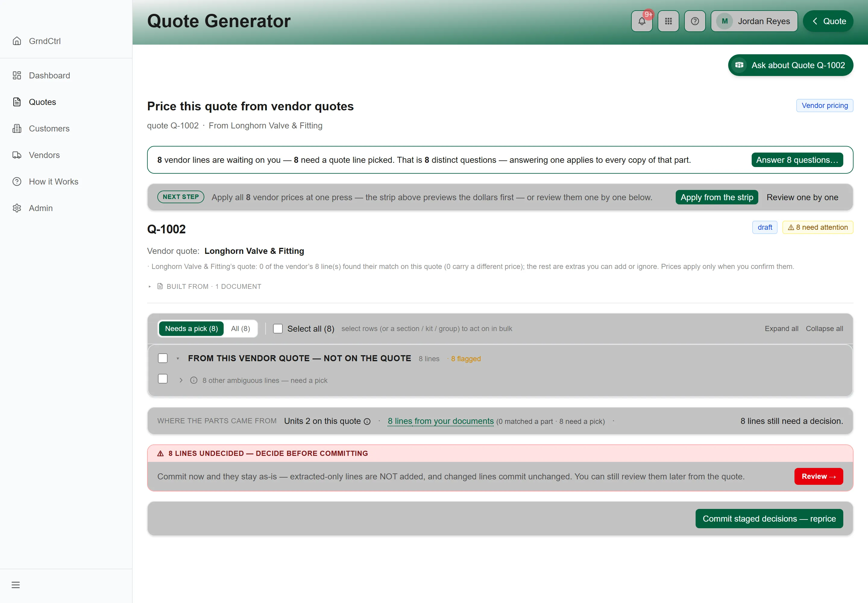 The vendor price review: the vendor’s lines paired against the quote’s lines, the price differences, and the confirm controls